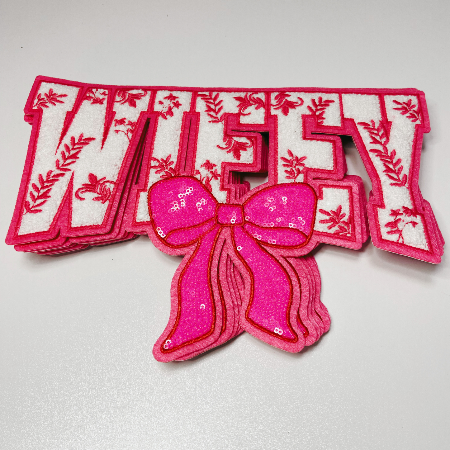 11" x 7.75 Wifey with sequin bow and embroidered Floral - Sequin & Chenille Patch