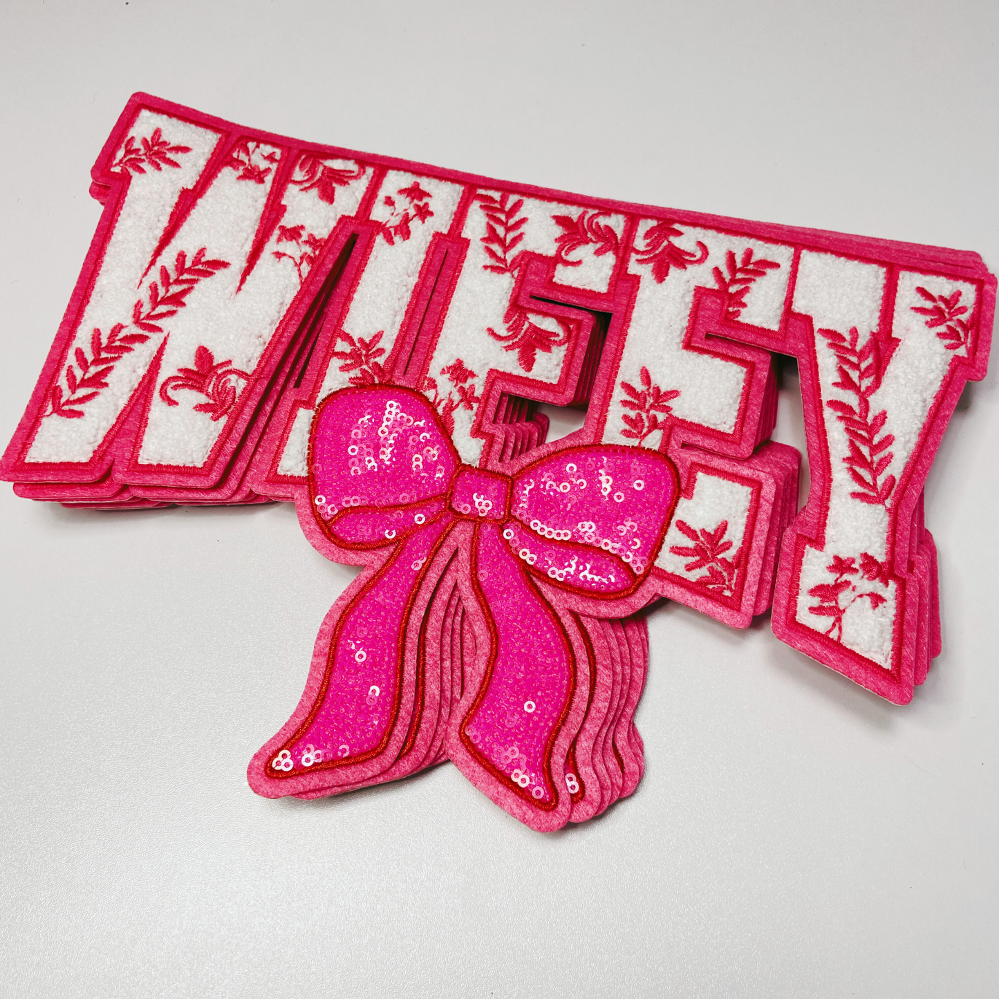 11" x 7.75 Wifey with sequin bow and embroidered Floral - Sequin & Chenille Patch