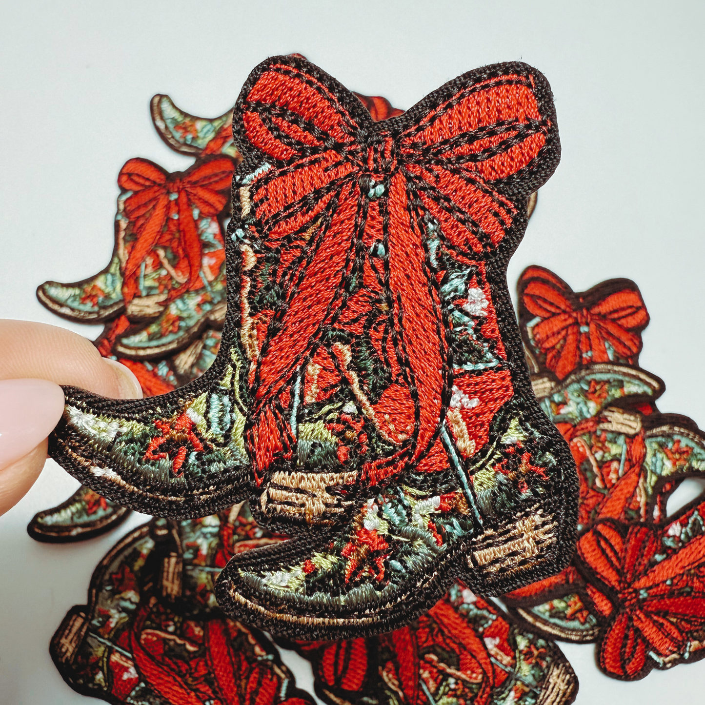 2.5" Cowboy Boots w Bow - Embroidered Hat Patch