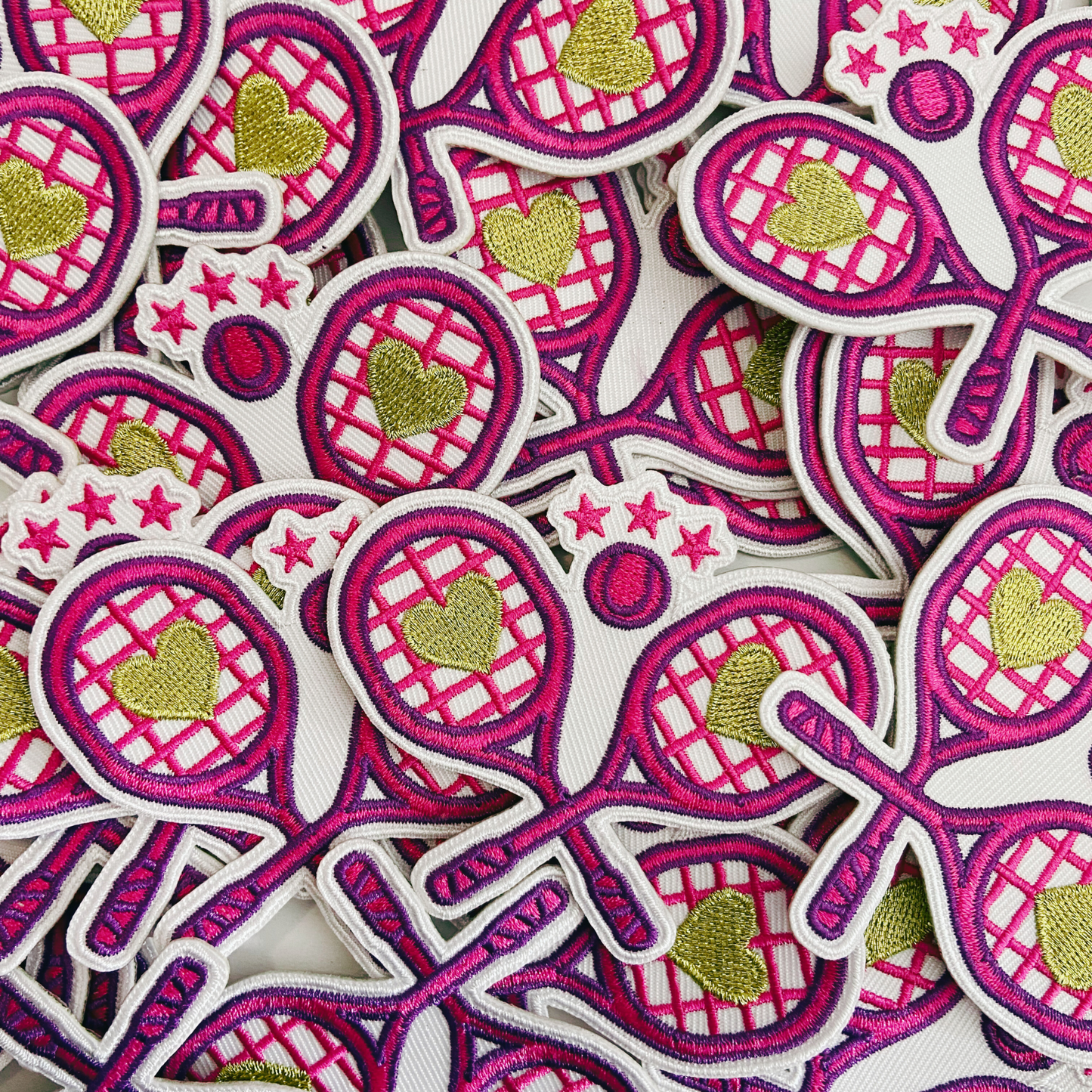 2.5" Tennis Racket w Metallic gold Heart - Embroidered Hat Patch