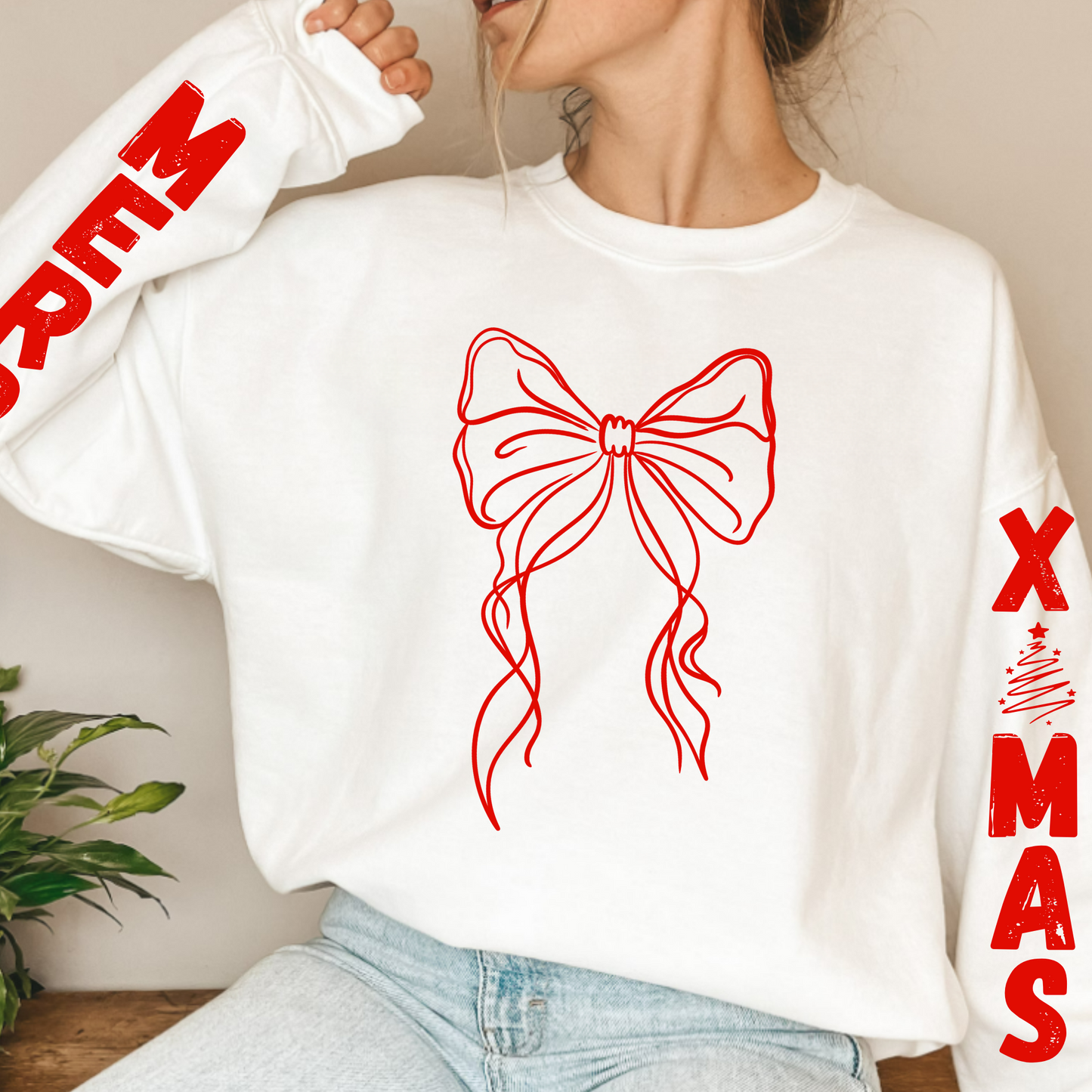 (shirt not included) MERRY X MAS w BOW, sleeve detail RED - Screen print Transfer