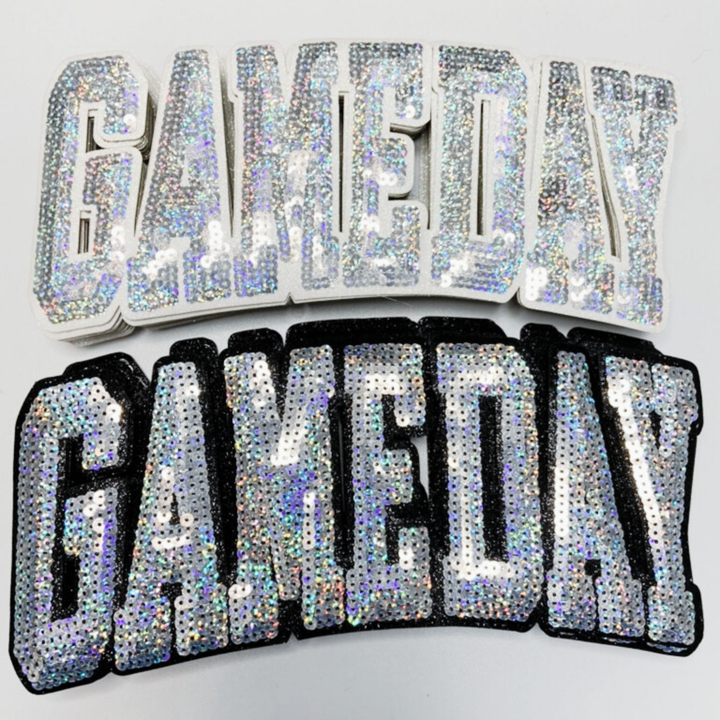 10.5” GAME DAY Iridescent - SEQUIN Patch w Black or White Backing
