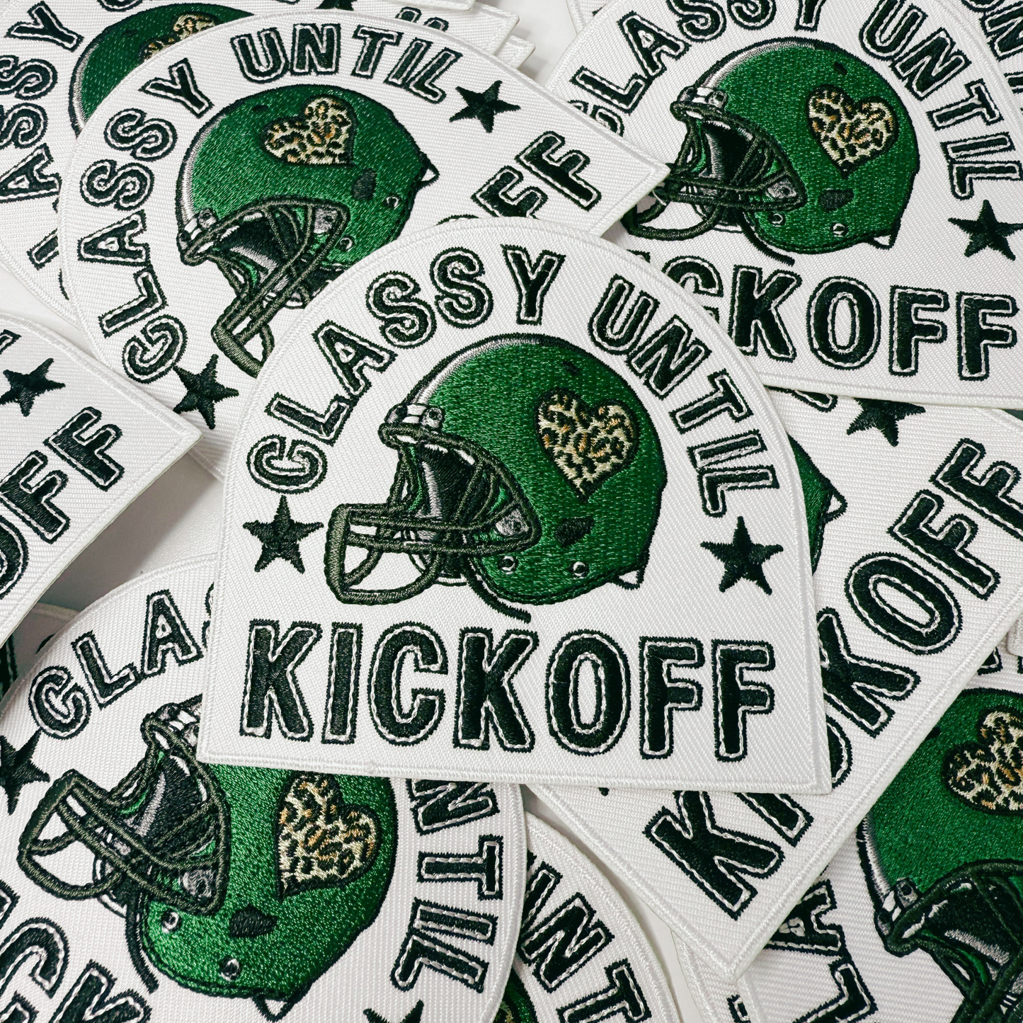 3.5" Classy Until Kickoff GREEN - Embroidered Hat Patch (3.5"w X 3.25"h)