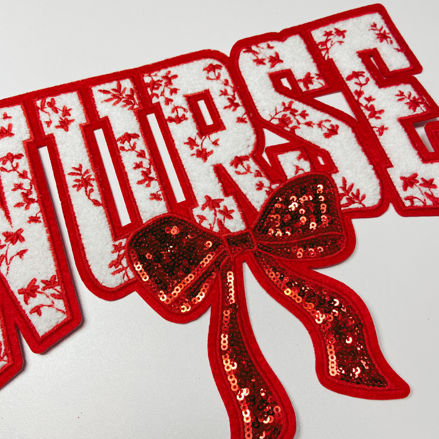 11" Nurse with sequin bow and embroidered Floral RED - Sequin & Chenille Patch