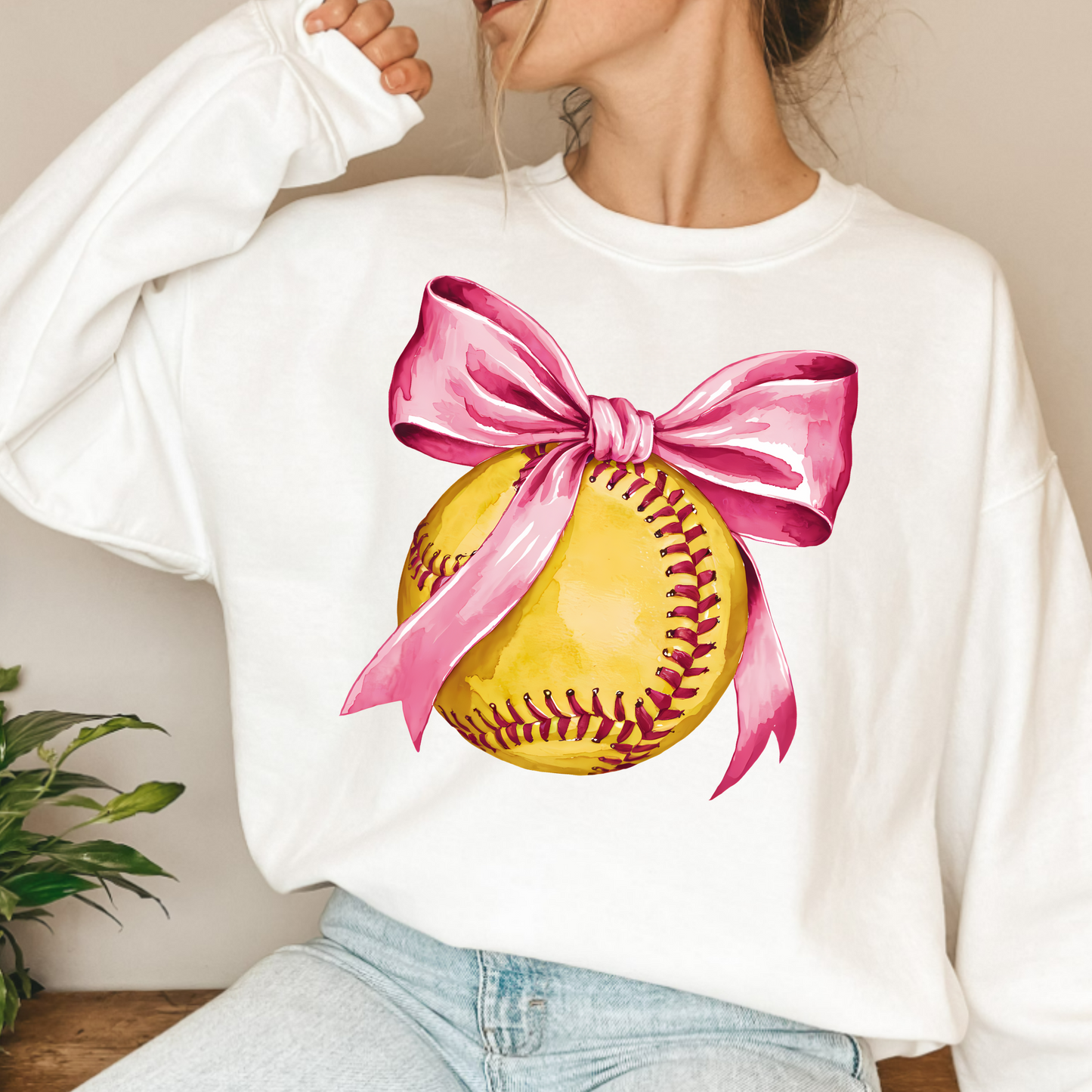 (shirt not included) Softball Bow Pink - DTF (COLD PEEL)