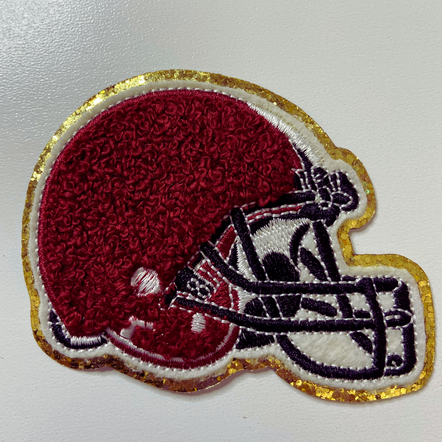 3" x 2.5" Football Helmet chenille hat patch - in Red, Blue, Black, White, Dark Green, Gold & Orange