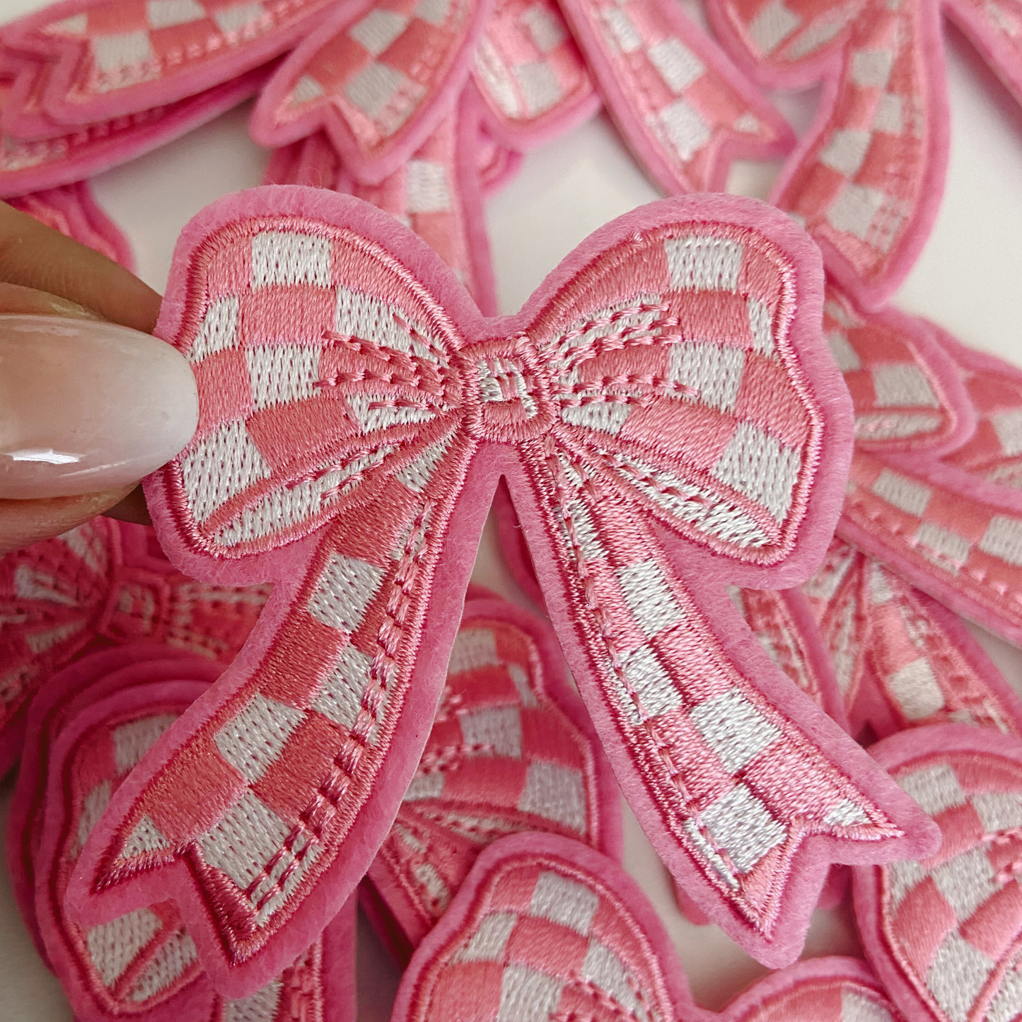 2" Checkered PINK Bow - Embroidered Hat Patch