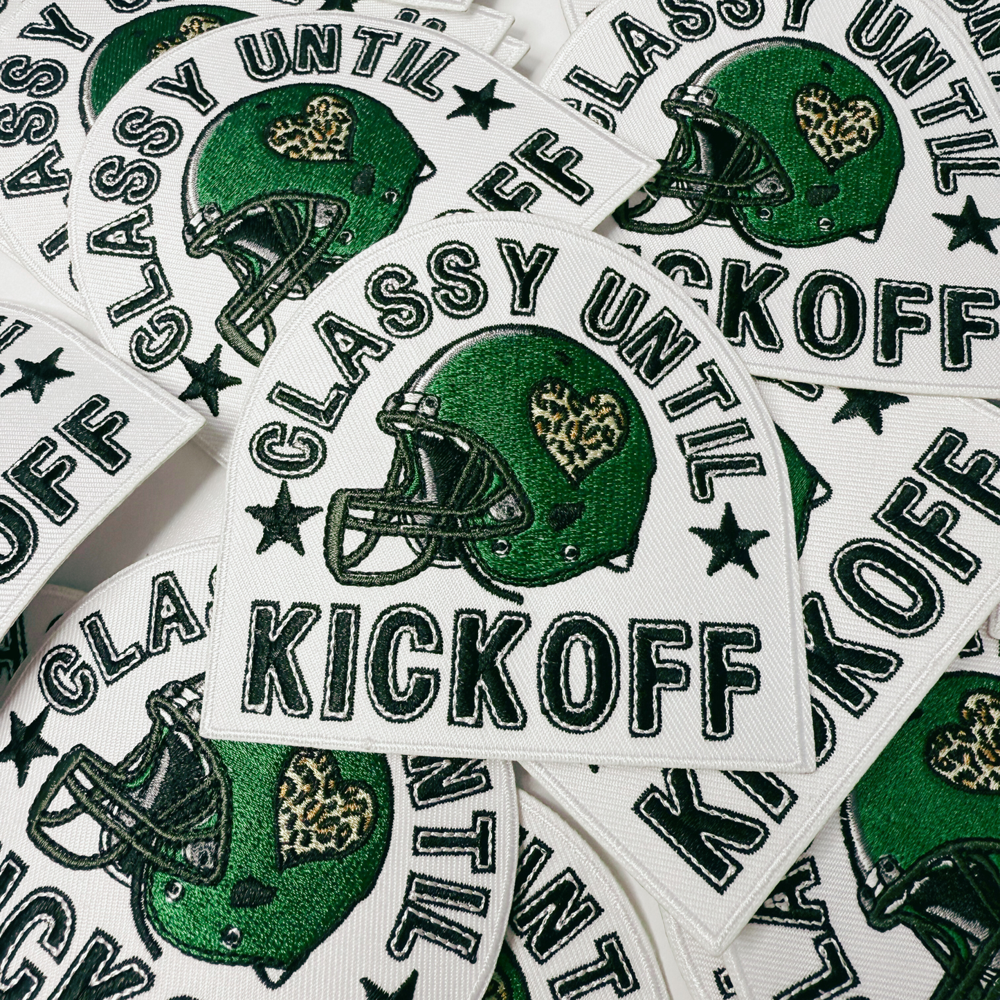 3.5" Classy Until Kickoff GREEN - Embroidered Hat Patch (3.5"w X 3.25"h)