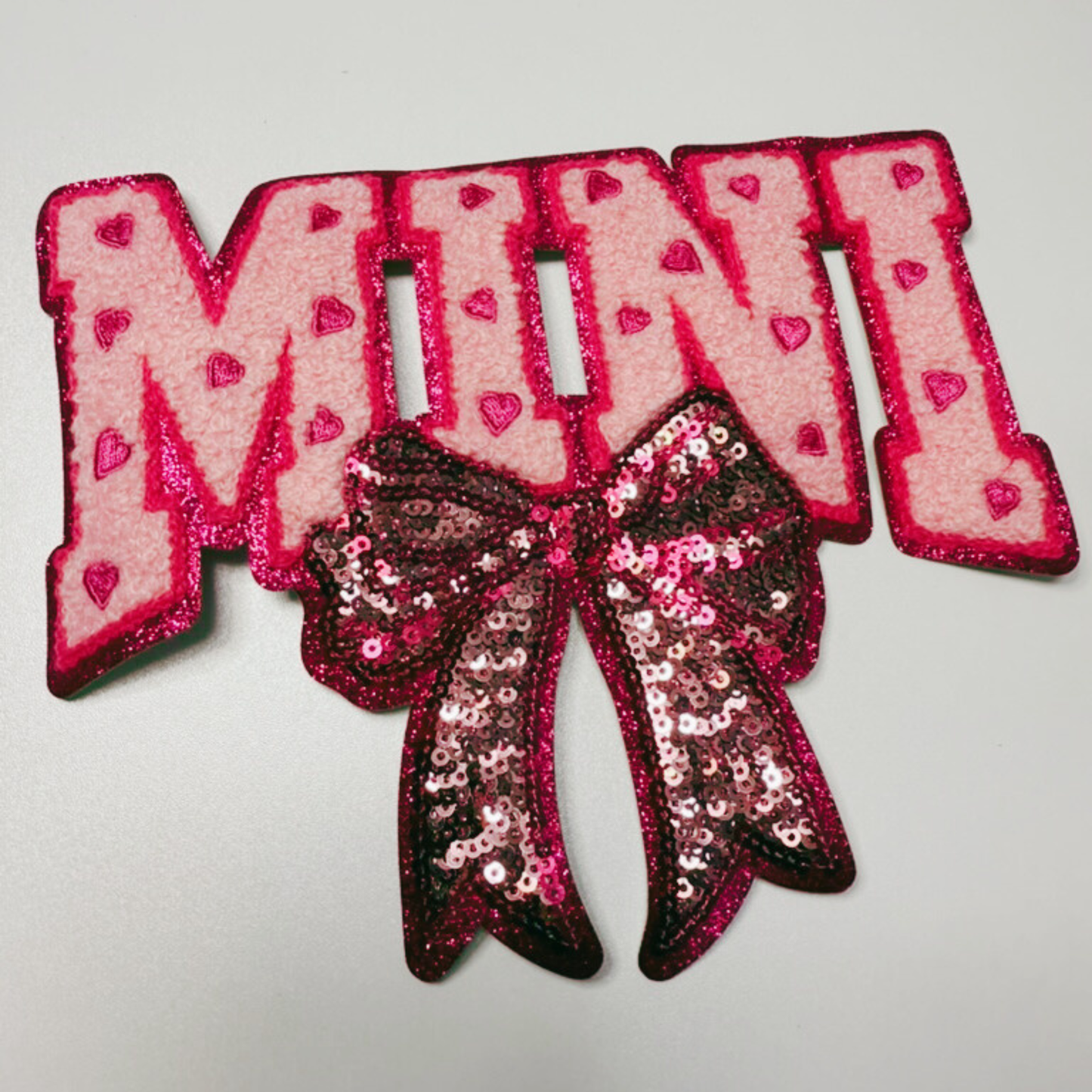 10.5” MAMA or 7" MINI Chenille patch with Sequin Bow - Sequin Patch