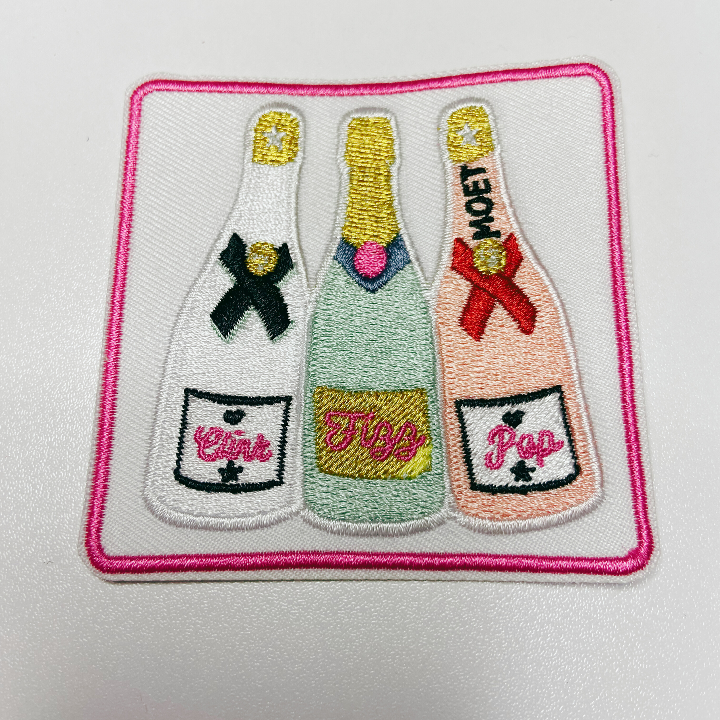 3" SQUARE - Clink, Fizz, Pop Champagne w Metallic Gold - Embroidered Hat Patch