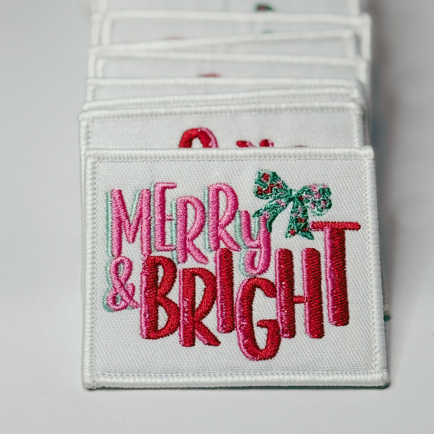 3" Merry & Bright w Bow - Embroidered Hat Patch