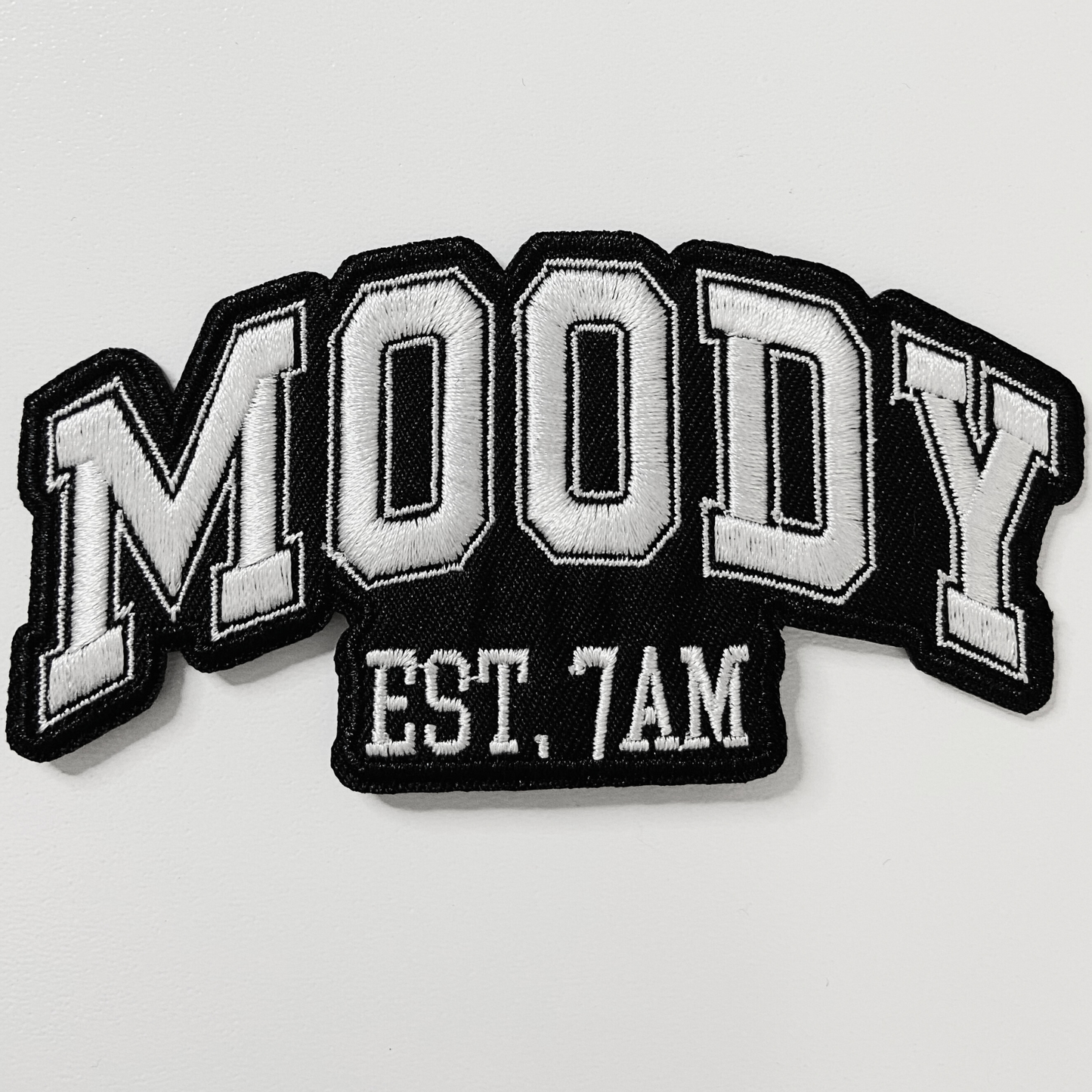 4" MOODY EST. 7AM - White & Black - Embroidered Hat Patch