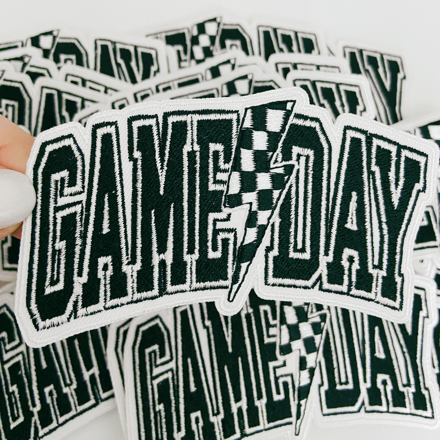 4" GAME DAY w Checkered Lightning - Embroidered Hat Patch