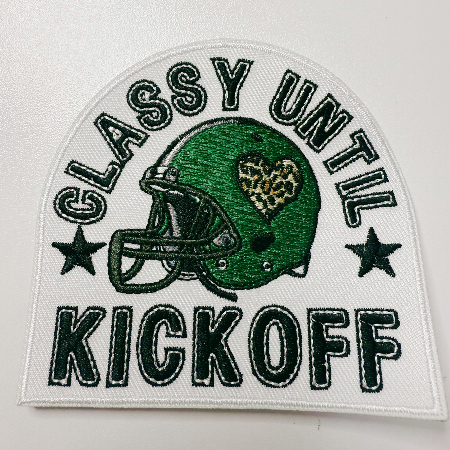 3.5" Classy Until Kickoff GREEN - Embroidered Hat Patch (3.5"w X 3.25"h)