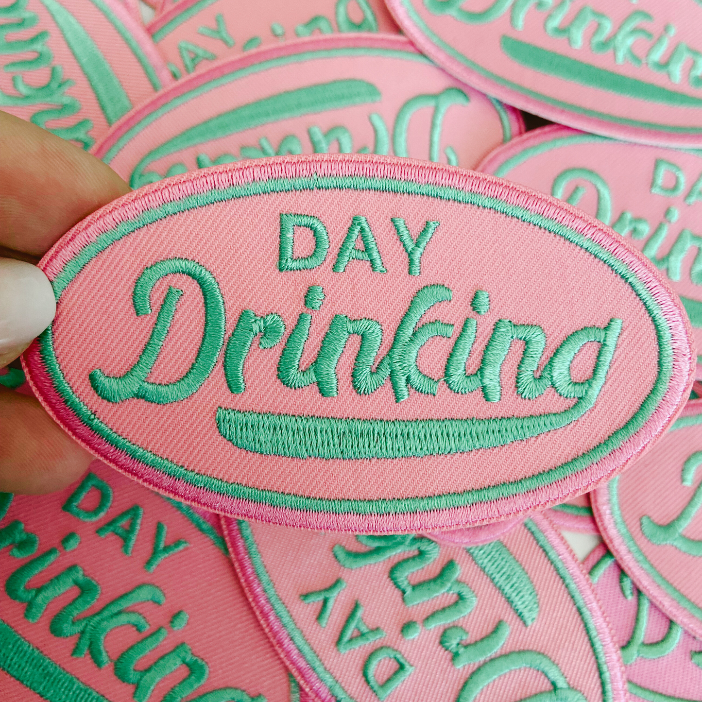 3.75" Day Drinking in Pink and Teal - Embroidered Hat Patch (Version 2)