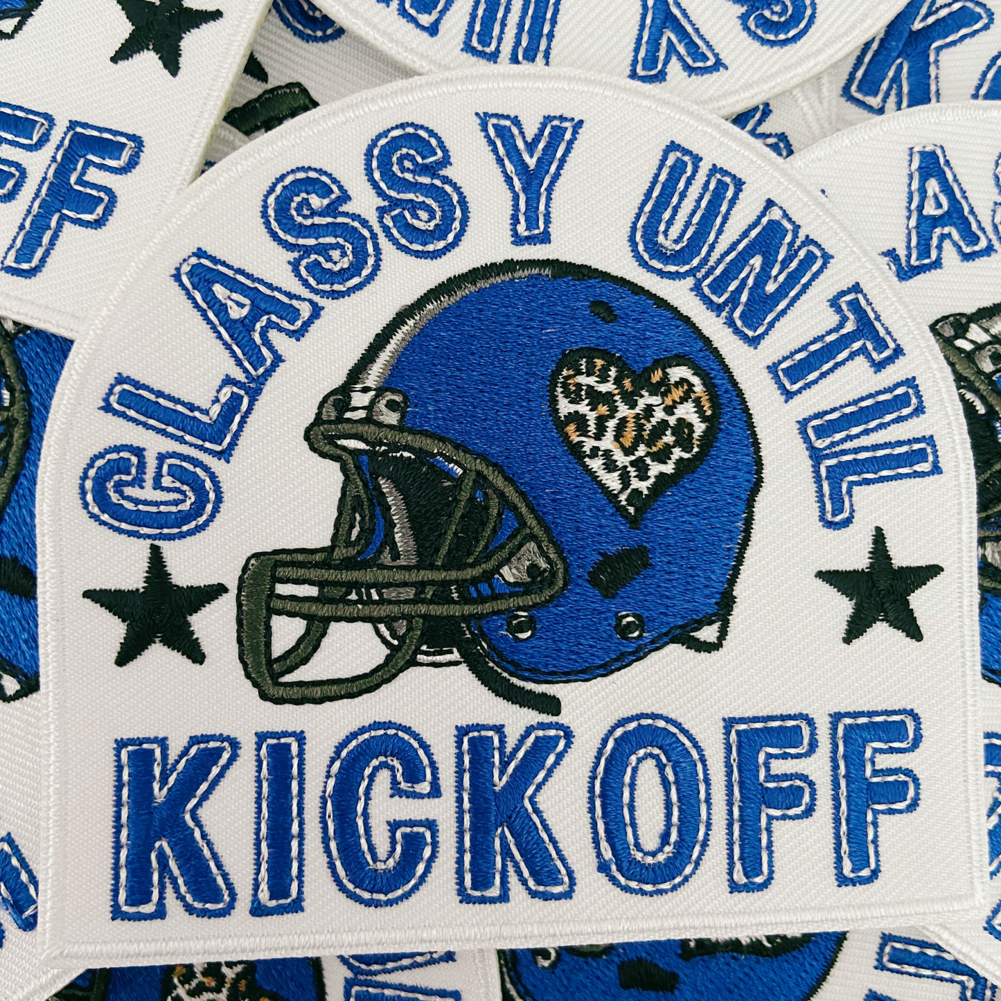 3.5" Classy Until Kickoff BLUE- Embroidered Hat Patch (3.5"w X 3.25"h)