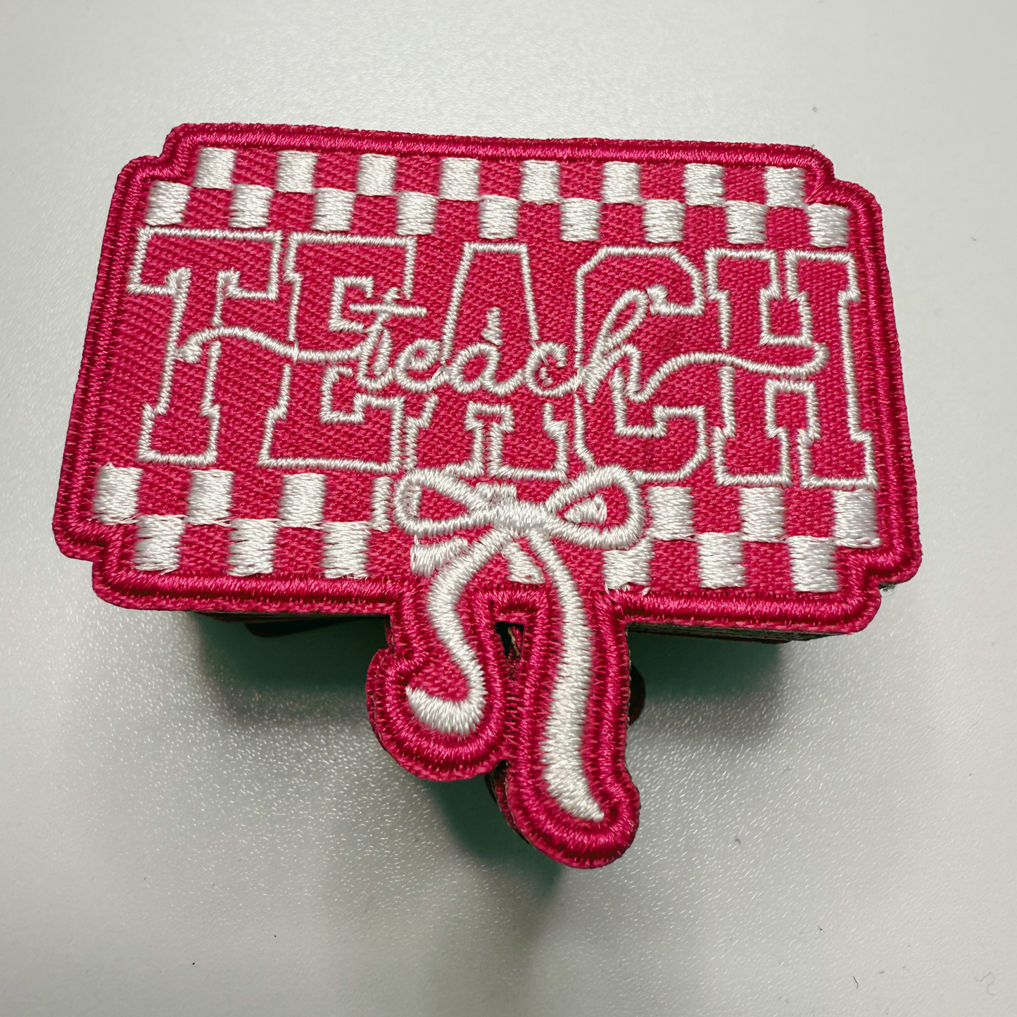 2.5" PINK TEACH w bow - Embroidered Hat Patch