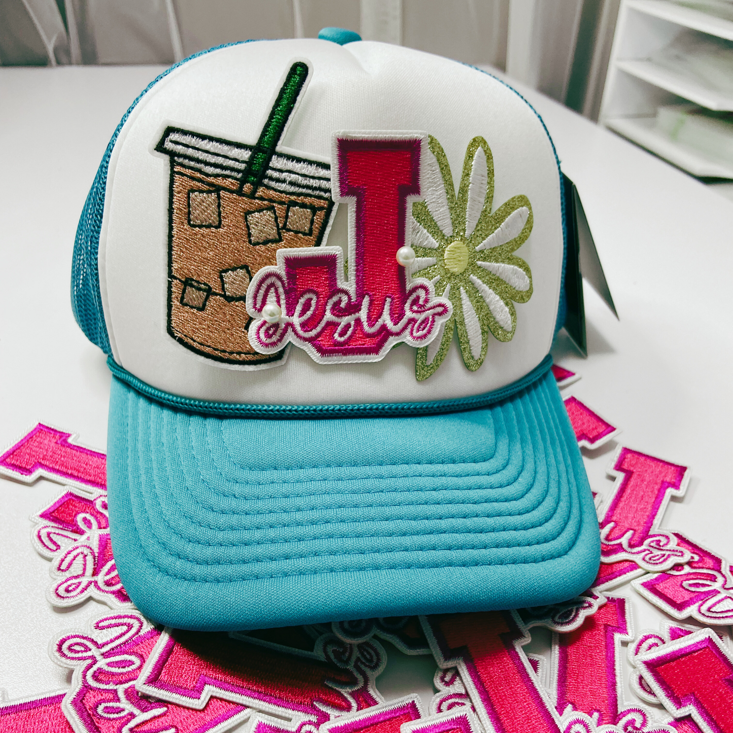 2.5" JESUS in PINK "J" - Embroidered Hat Patch