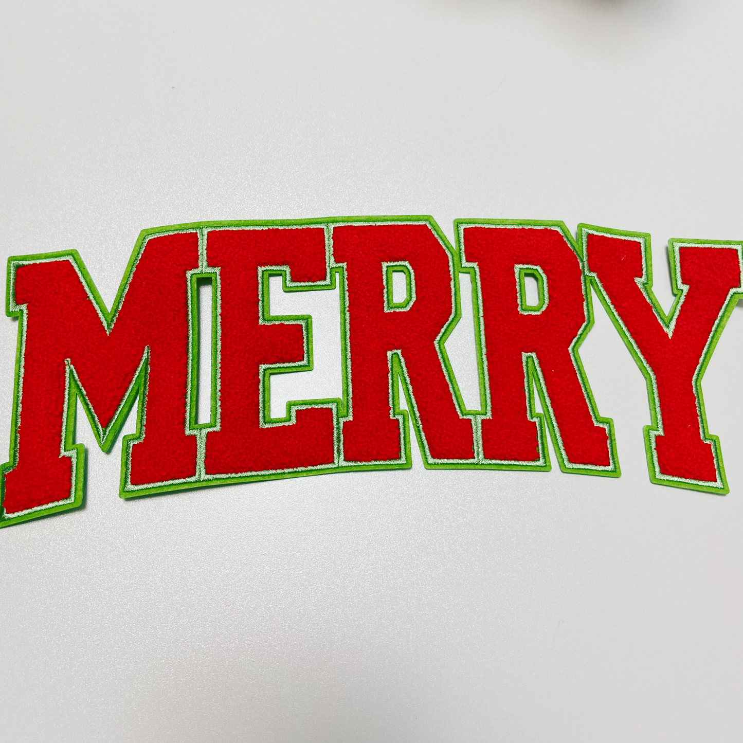 11" MERRY in Red with green detail - Chenille Patch