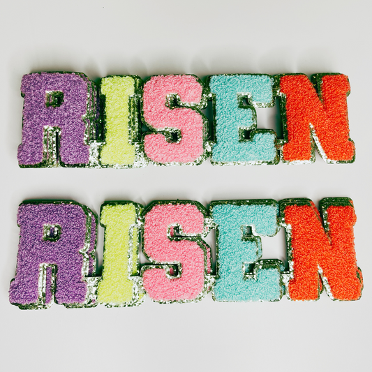 10.5” RISEN - Chenille Patch in Multicolor with gold backing.