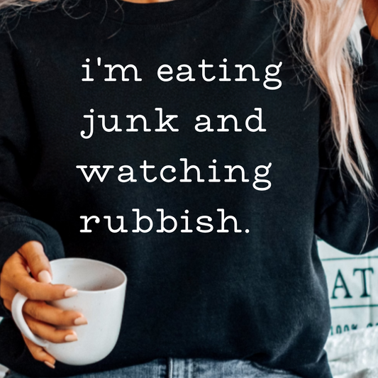 (shirt not included) eating junk and watching rubbish - in White - Screen print Transfer