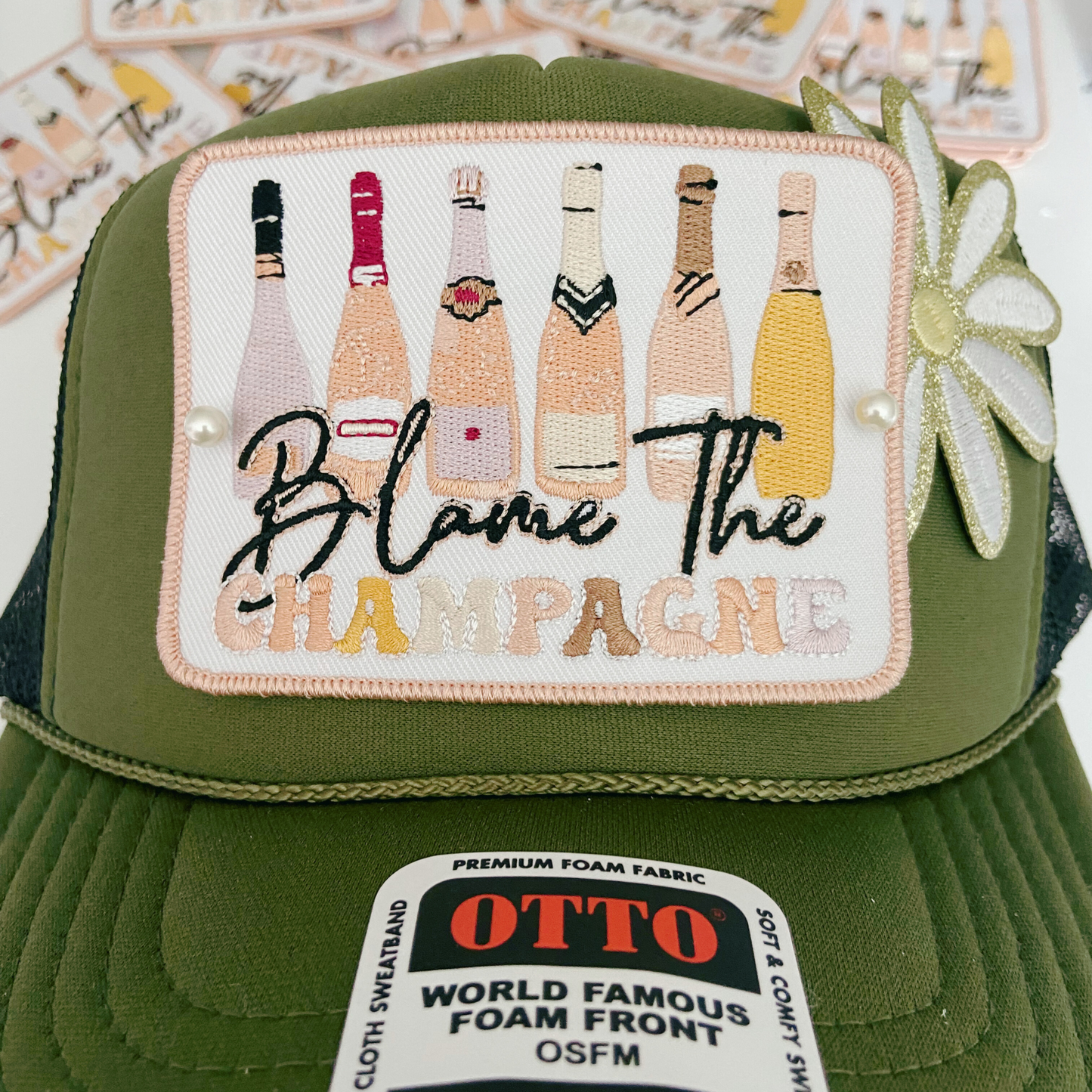 4" Blame the Champagne - Embroidered Hat Patch ( V2 4"x3")