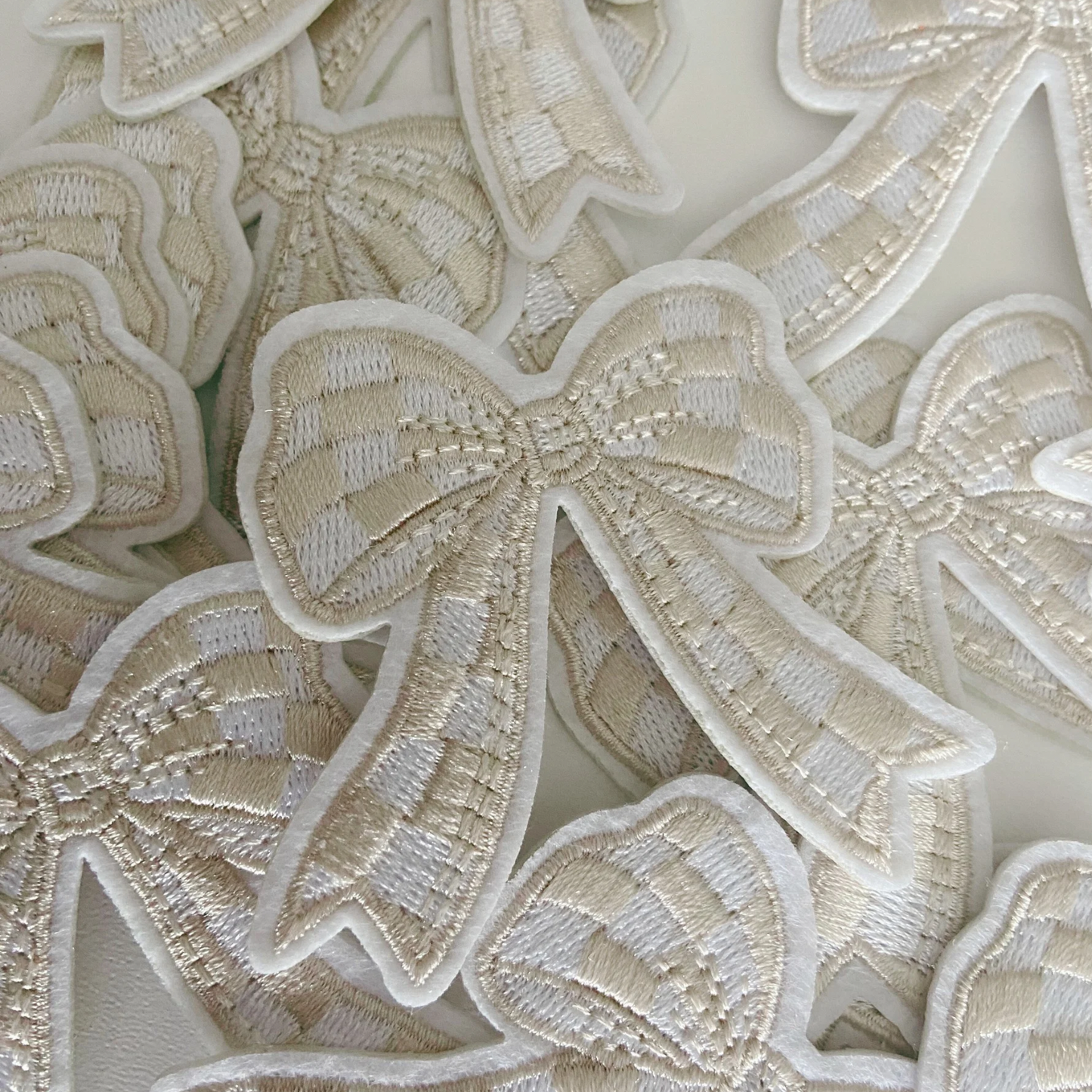 2" Checkered BEIGE Bow - Embroidered Hat Patch