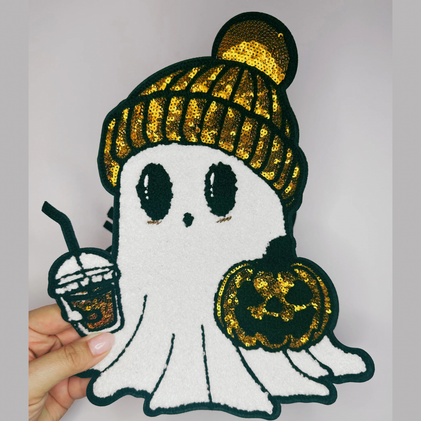 Fall Ghost w Pumpkin - 10.5" x 8.5" - Chenille Patch