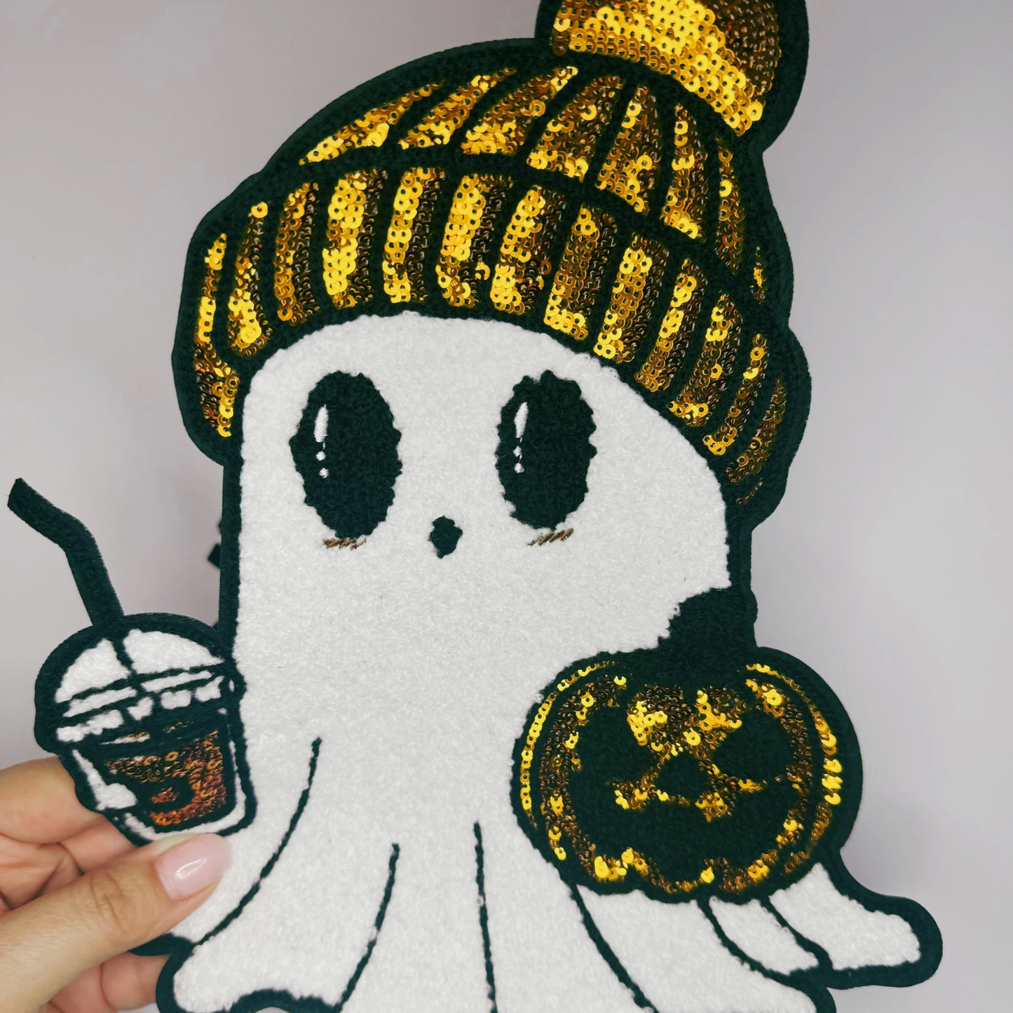 Fall Ghost w Pumpkin - 10.5" x 8.5" - Chenille Patch