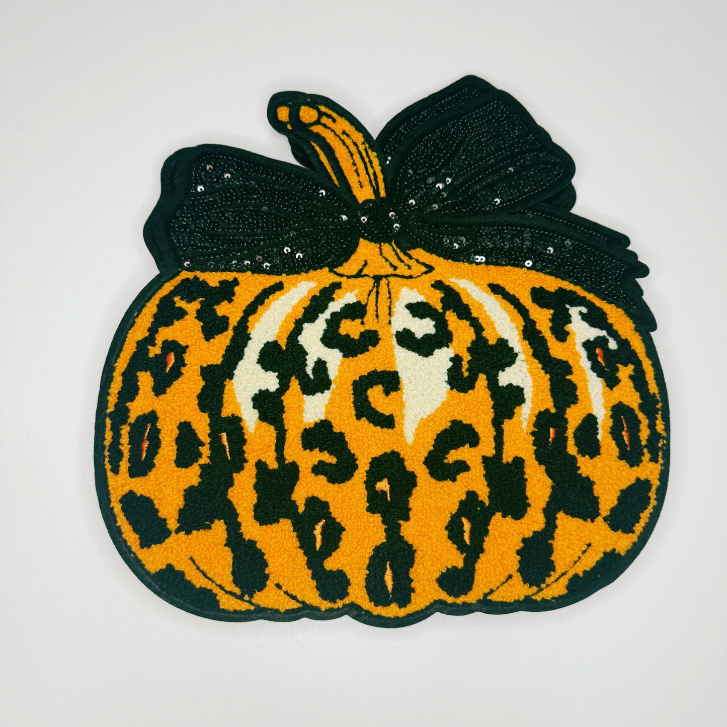 Leopard Pumpkin with sequin Bow - 10.5" x 10" - Chenille Patch
