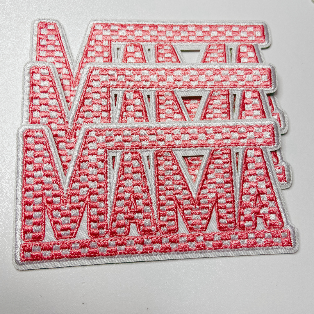 4" x 2"  Checkered MAMA choice of  Black &amp; White  or Pink &amp; White  -  Embroidered Hat Patch