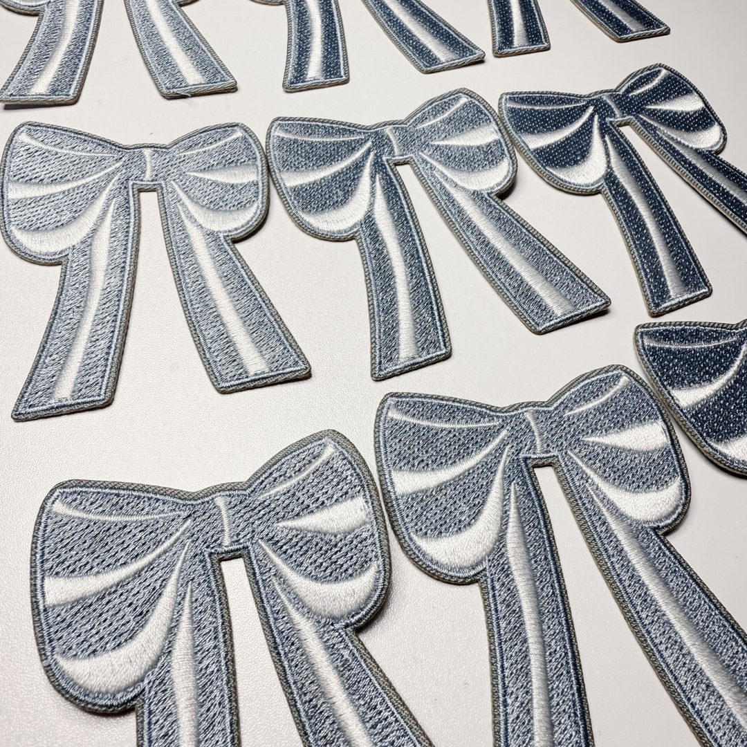 3" Light Blue and White Bow -  Embroidered Hat Patch