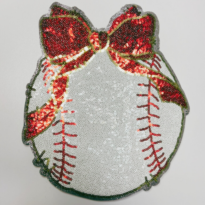 9" x 11" Sequin Baseball w Bow  - Sequin Patch
