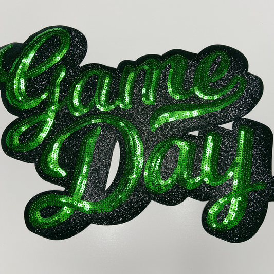 11” GAME DAY script in GREEN - SEQUIN Patch