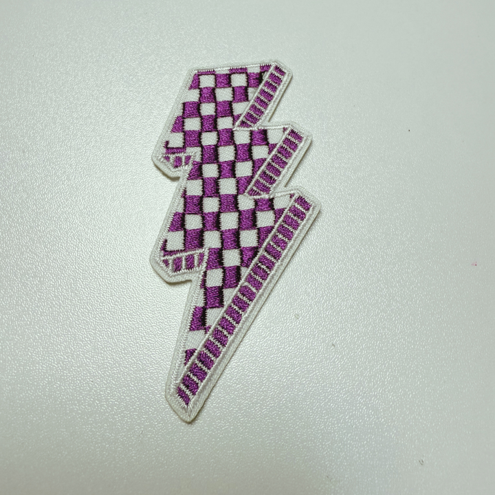 3” Checkered Lightning - Purple &amp; white  - Embroidered Hat Patch