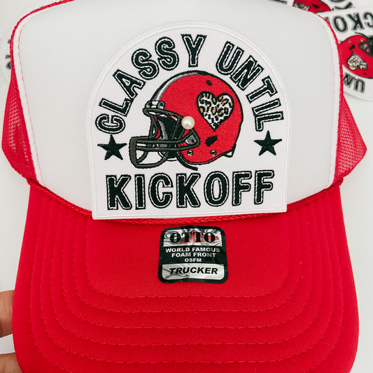3.5" Classy Until Kickoff RED - Embroidered Hat Patch (3.5"w X 3.25"h)