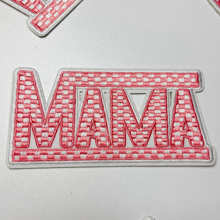 4" x 2"  Checkered MAMA choice of  Black &amp; White  or Pink &amp; White  -  Embroidered Hat Patch