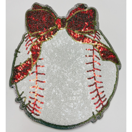 9" x 11" Sequin Baseball w Bow  - Sequin Patch