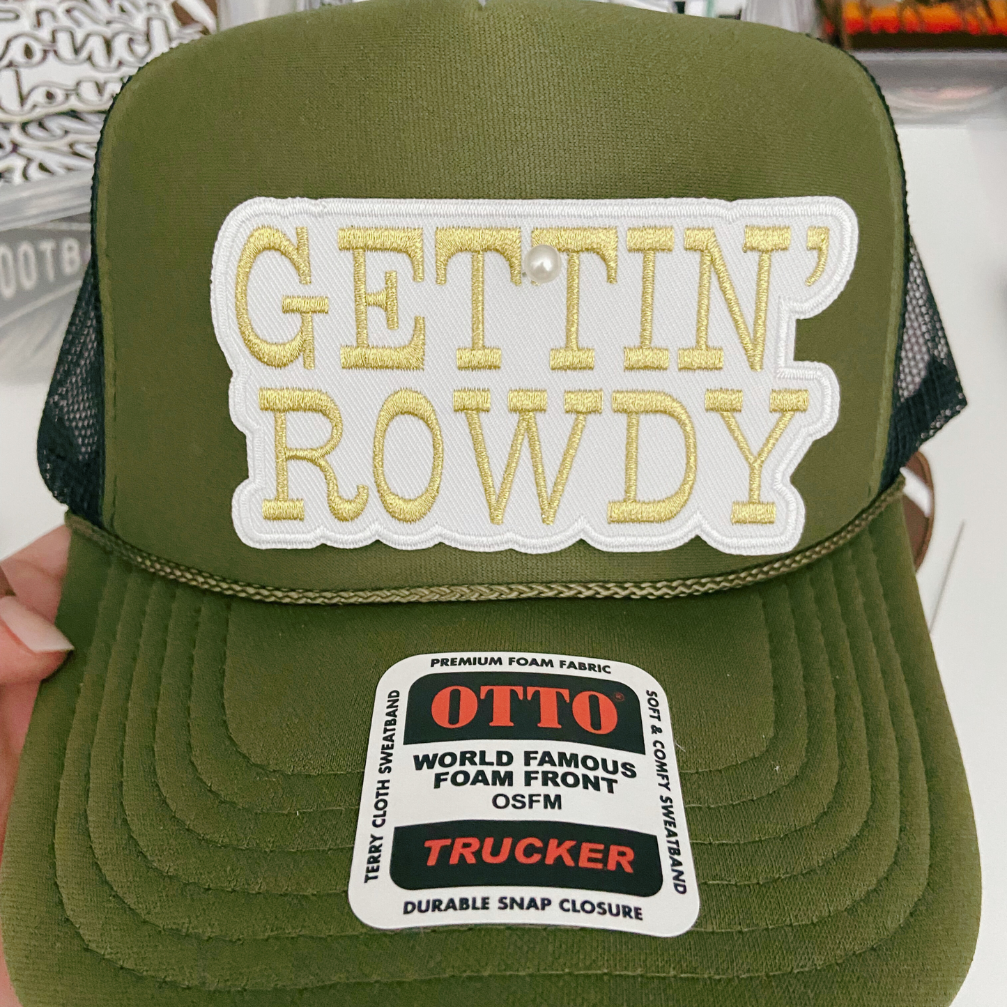 4" GETTIN' ROWDY - WHITE &  Gold Metallic -  Embroidered Hat Patch