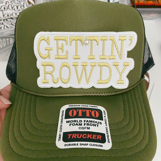4" GETTIN' ROWDY - WHITE & Gold Metallic - Embroidered Hat Patch
