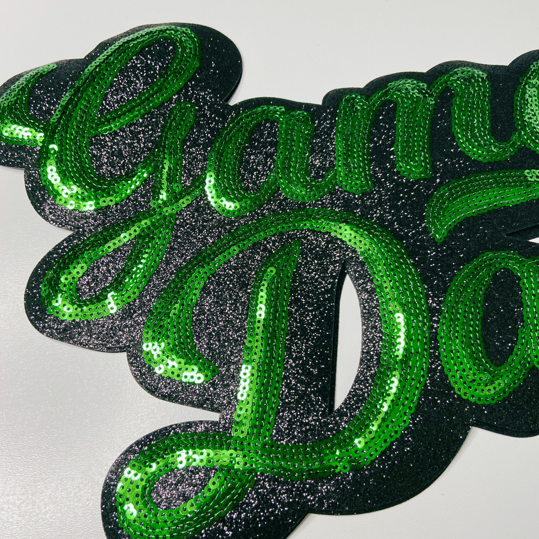 11” GAME DAY script in GREEN - SEQUIN Patch