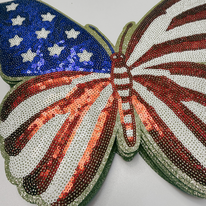 SEQUIN Patriotic Butterfly flag (11" x 9.5”) - Sequin Patch (USA) Red White &amp; Blue