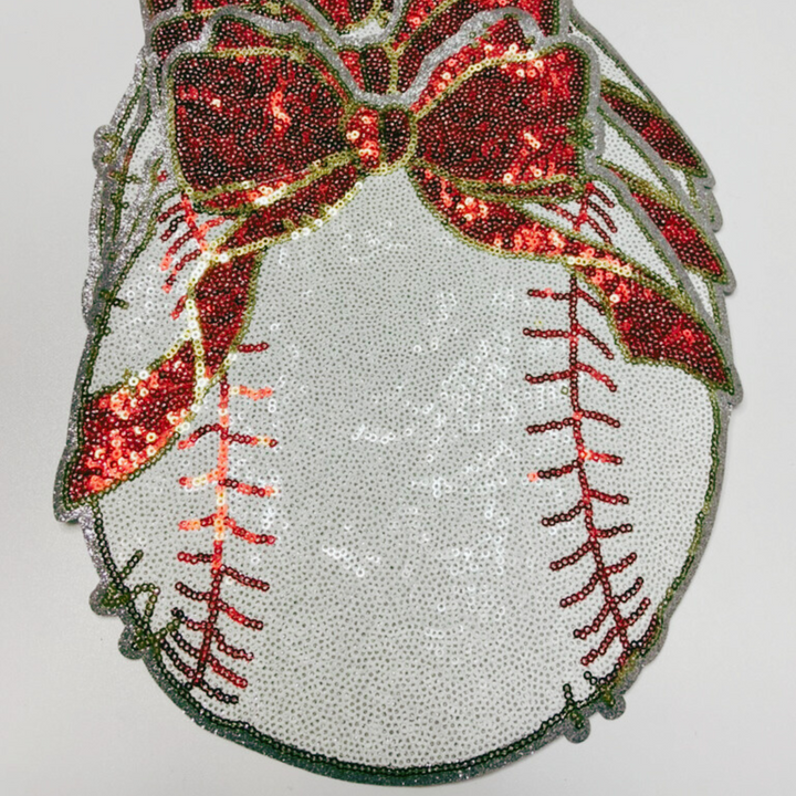 9" x 11" Sequin Baseball w Bow  - Sequin Patch