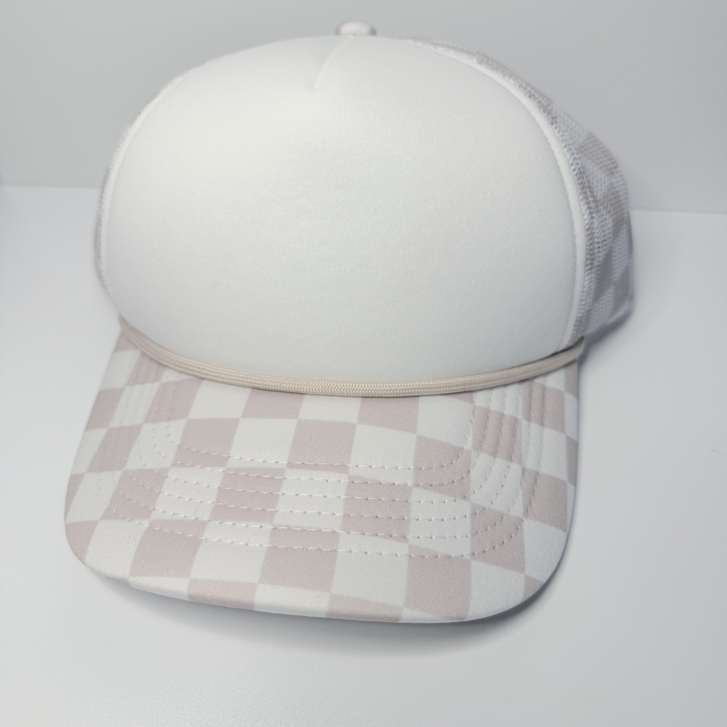 TEELUX - TRUCKER HAT BLANK - Beige Neutral Checkered  W CHECKERED BILL