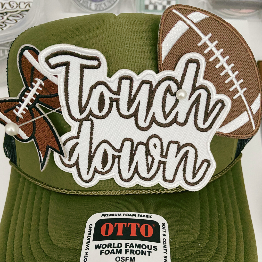 3.5" Touchdown White &amp; Brown -  Embroidered Hat Patch