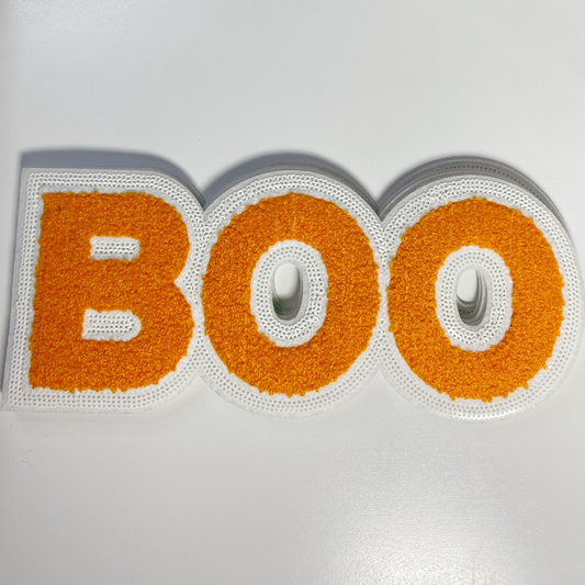 BOO in Orange with sequin detail 10.5" wide - Chenille Patch