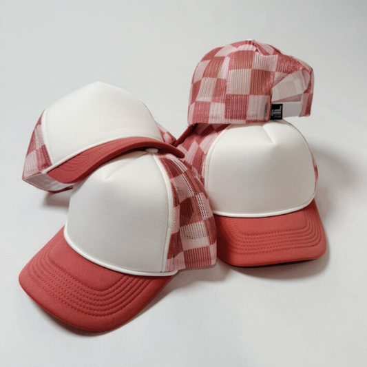 TEELUX - TRUCKER HAT BLANK - Coral Pink Checkered