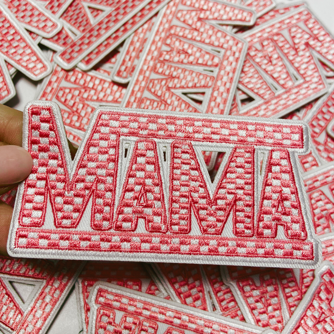 4" x 2"  Checkered MAMA choice of  Black &amp; White  or Pink &amp; White  -  Embroidered Hat Patch