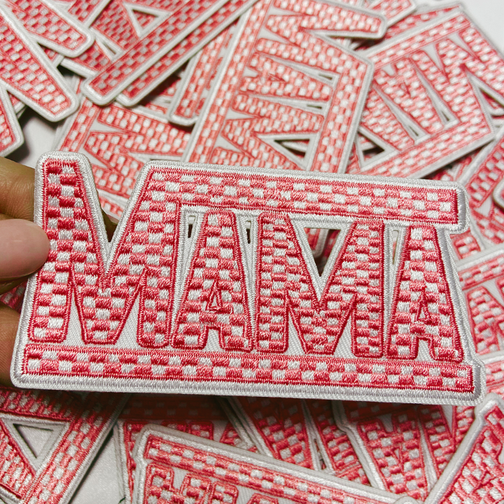 4" x 2"  Checkered MAMA choice of  Black &amp; White  or Pink &amp; White  -  Embroidered Hat Patch