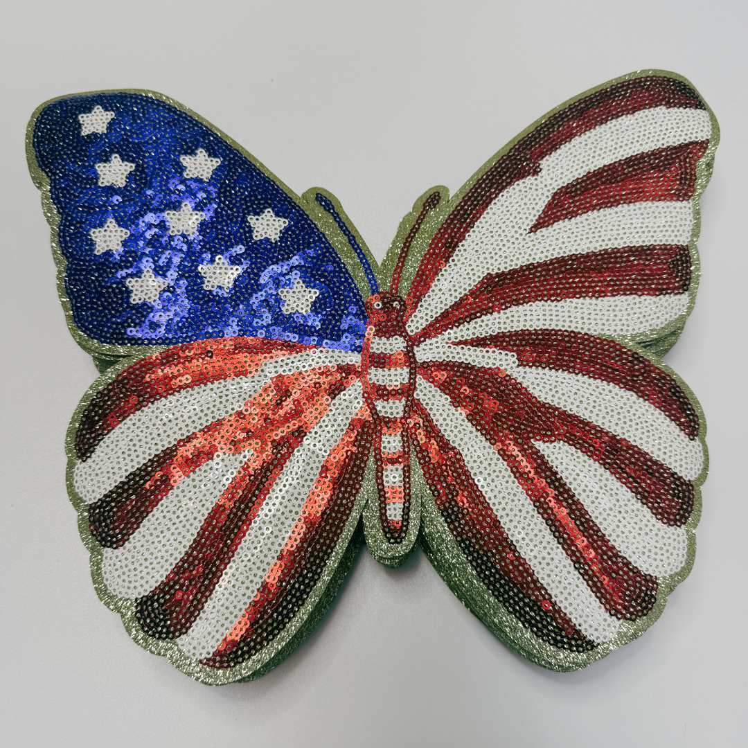 SEQUIN Patriotic Butterfly flag (11" x 9.5”) - Sequin Patch (USA) Red White &amp; Blue